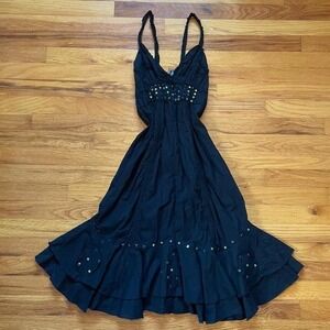 Black Sequined Sundress Midi Size XS Ruffle Whimsygoth Coquette Goth Lolita 90s